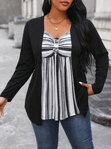 EMERY ROSE Women's Plus Size Striped Splice Asymmetrical Hem 2 In 1 T-Shirt Graphic Tees Women Tops Fall Cloth For Women - Multicolor - View 1
