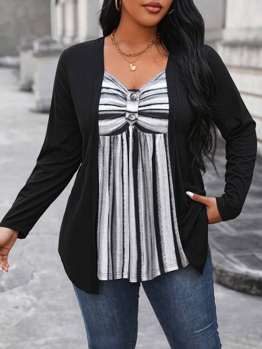 EMERY ROSE Women's Plus Size Striped Splice Asymmetrical Hem 2 In 1 T-Shirt Graphic Tees Women Tops Fall Cloth For Women - Multicolor - View 1