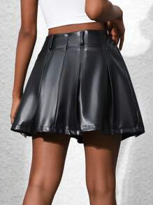 SHEIN Unity Của phụ nữ Cao eo Xếp li chất liệu da PU Váy mini - màu đen - Xem 2