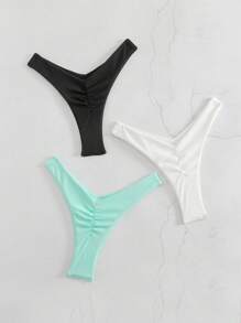 3pcs/Set Solid Color Rib Knit Bikini Bottoms, For Summer Beach Vacation - Multicolor - View 2
