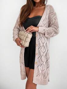 Astylish 女士开衫毛衣 休闲纽扣长袖前开襟钩针开衫毛衣 - 杏色 - 查看 3