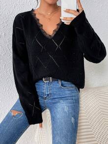 SHEIN Privé Của phụ nữ Vá lại Ren Áo len Áo chui đầu - màu đen - Xem 5