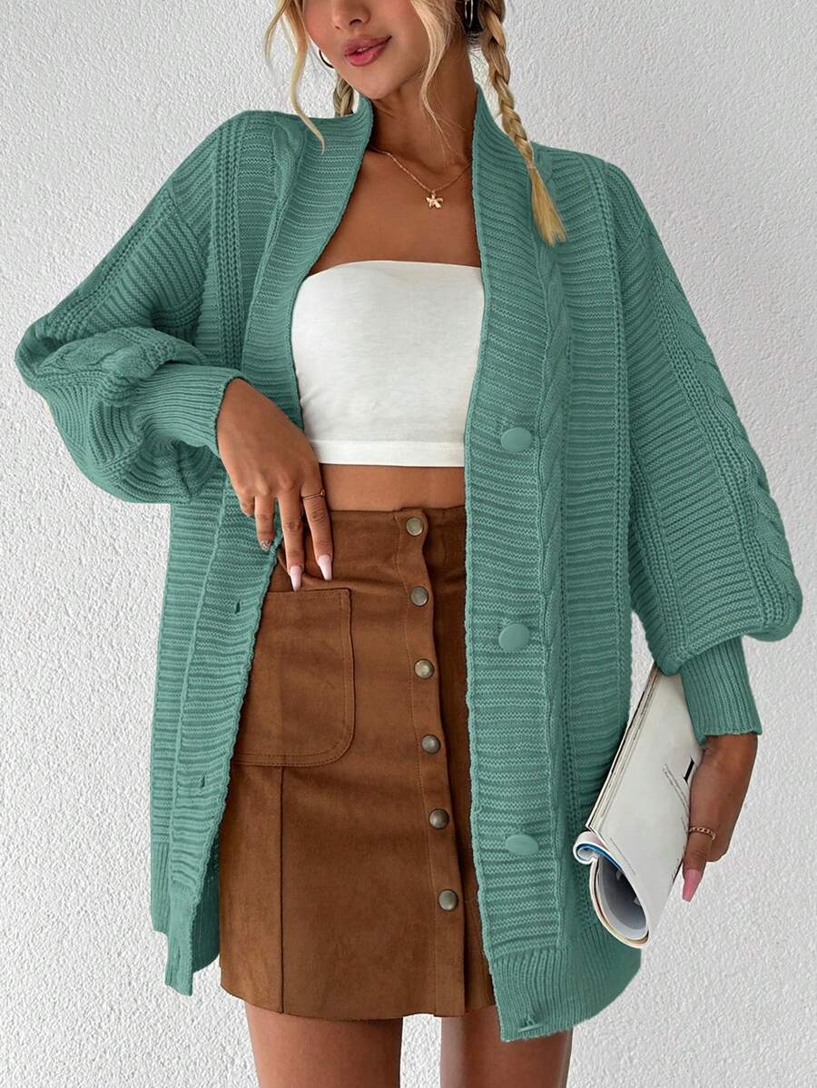 EURMUSE Chất rắn Thả vai Nút phía trước Áo len Mở - Màu xanh Bạc hà - Xem 1