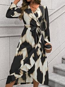 Chiquease Ladies' Asymmetrical Hem Tie Waist Dress With Tie Dye And Ruffle Hem - Coffee - View 6