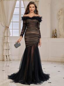 SHEIN Belle Women's Mesh Splice & Ruffle Neckline Fish Tail Evening Party Dress (heavy Work) - Black - View 7