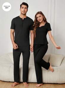 2pcs/set Men's Solid Color Short Sleeve Button Up Henley T-shirt And Long Pants Homewear - Black - View 1