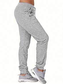 SHEIN LUNE Quần thể thao có dây rút có nút thắt lưng dành cho nữ - Xám - Xem 3