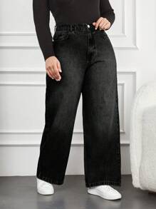 EURMUSE 100%纯棉女式加大码斜口袋阔腿牛仔裤，水洗牛仔布 - 黑色 - 查看 1