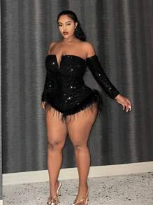 Slaydiva 大尺碼女士閃閃發亮的絨毛織邊露肩連體衣