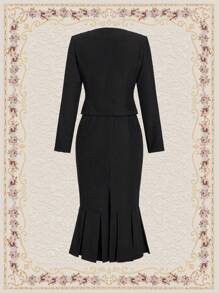 SHEIN DECDS Button-Up Jacket And Fish Tail Hem Skirt Set - Black - View 8