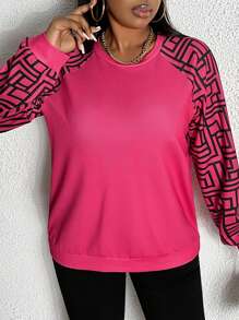 Slaydiva Kích thước lớn Họa tiết Hình học Tay Raglan Áo nỉ - Màu Hồng Tươi - Xem 5