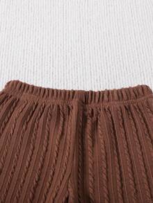 Little Girls' Round Neck Texture Long Sleeve Top And Pants Set For Spring, Autumn And Winter - Brown - View 3