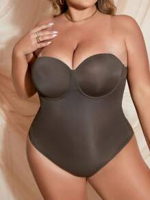 Plus Size Solid Color Strapless Bodysuit Shapewear - Coffee Brown - View 3