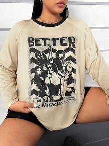 Flirla 印有肖像畫的加大尺寸t卹 - 卡其色 - 查看 1