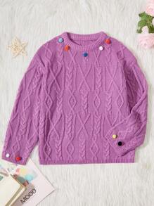 SHEIN Girls' Drop Shoulder Sweater With Ball Shaped Decoration - Purple - View 1
