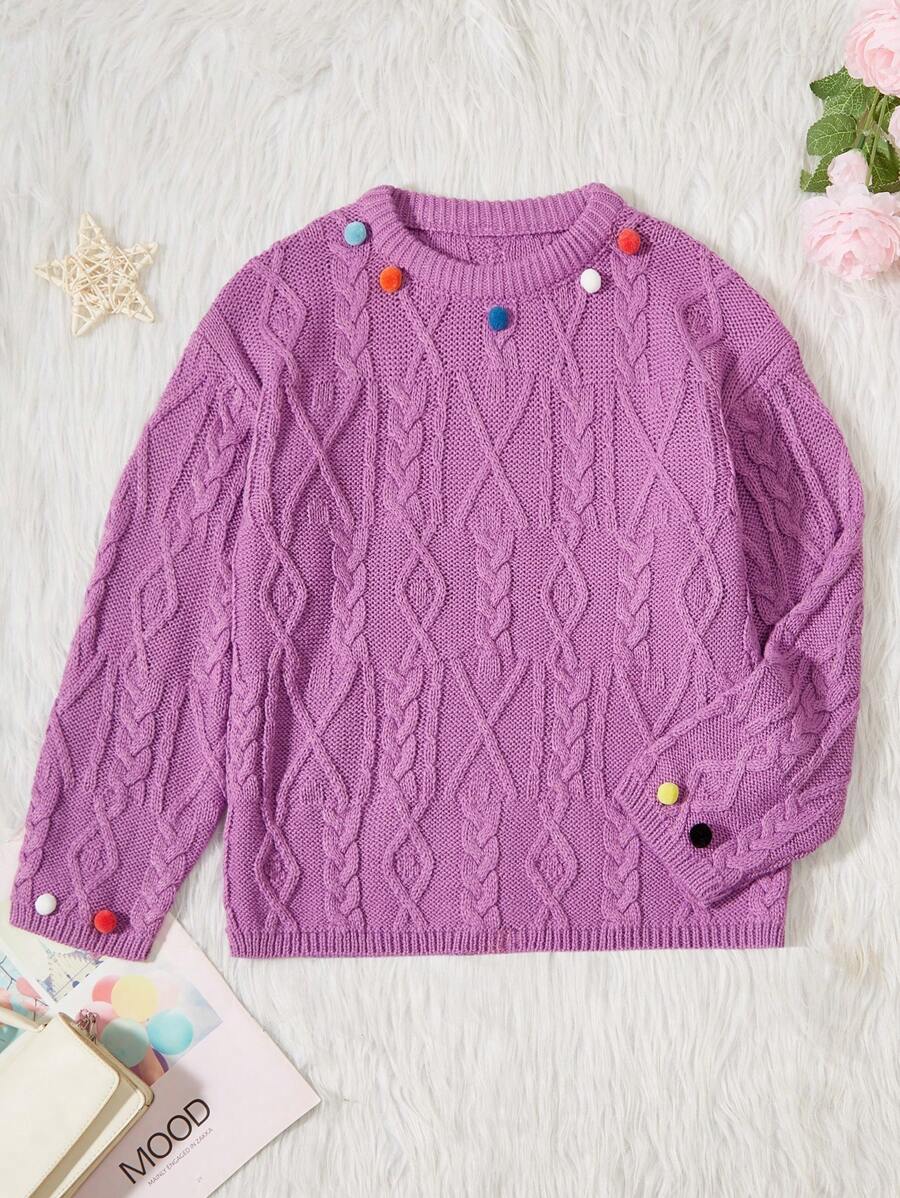 SHEIN Girls' Drop Shoulder Sweater With Ball Shaped Decoration - Purple - View 1