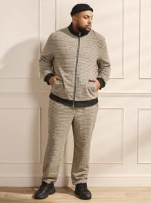 Manfinity VCAY Men's Plus Size Plaid Woven Casual Two Piece Set - Khaki - View 3