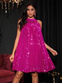 SHEIN Allurite Halter Neck Sequin Dress - Hot Pink - View 3