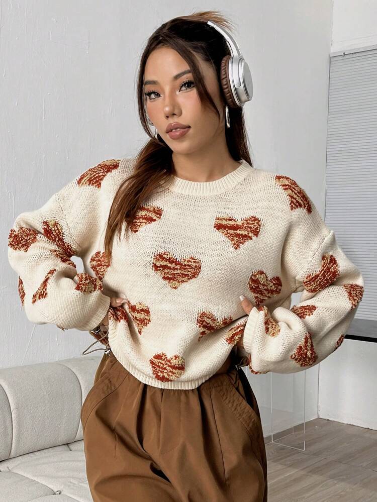 Women's Heart Pattern Drop Shoulder Knit Pullover Fall Winter Sweater