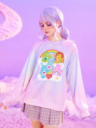 ROMWE X Care Bears Women'S Cute Sweatshirt With Colorful Gradient Dreamy Rainbow Bear Print