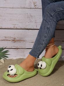 大眼狗卡通外穿防滑防臭厚底女拖鞋 - 綠色 - 查看 4