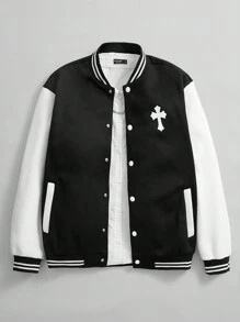 Manfinity EMRG Chaqueta Universitaria Holgada Para Hombre Con Patrón De Cruz Y Bloques De Color Con Detalles De Rayas - Blanco y Negro - Ver 4