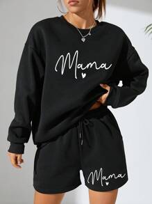 SHEIN EZwear 女款字母印花落肩運動衫和短褲 2 件套 - 黑色 - 查看 1