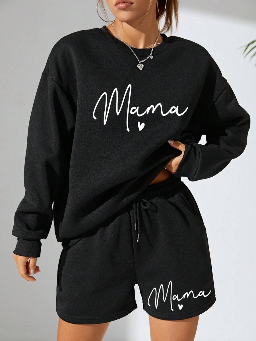 SHEIN EZwear 女款字母印花落肩運動衫和短褲 2 件套 - 黑色 - 查看 1