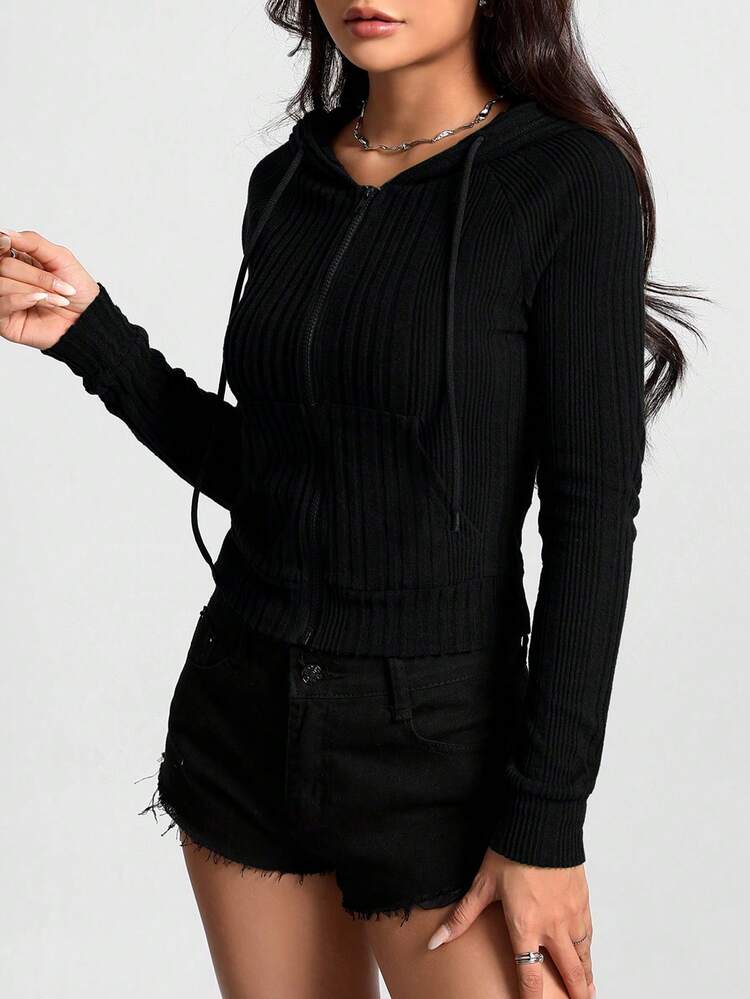 SHEIN Essnce Màu thuần Dây rút Dây kéo Áo khoác - màu đen - Xem 3