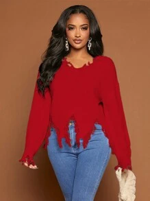 SHEIN SXY 女款仿舊下擺落肩長袖毛衣 - 紅色 - 查看 6