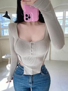 DAZY 女式长袖罗纹针织不对称下摆T恤上衣 - 卡其色 - 查看 4