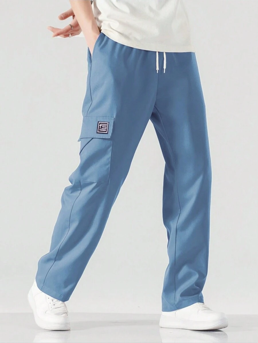 Chillumni Men Letter Patched Detail Flap Pocket Side Drawstring Waist Cargo Pants - Dusty Blue - View 1