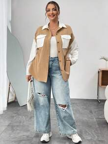 SHEIN Essnce Kích thước lớn Của phụ nữ Khối màu Trang phục làm việc Áo sơ mi Với Túi - Màu Khaki - Xem 3