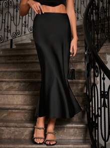 Glamine 女士缎面半身裙，百搭鱼尾裙，适合日常穿着，黑色半身裙 - 黑色 - 查看 5