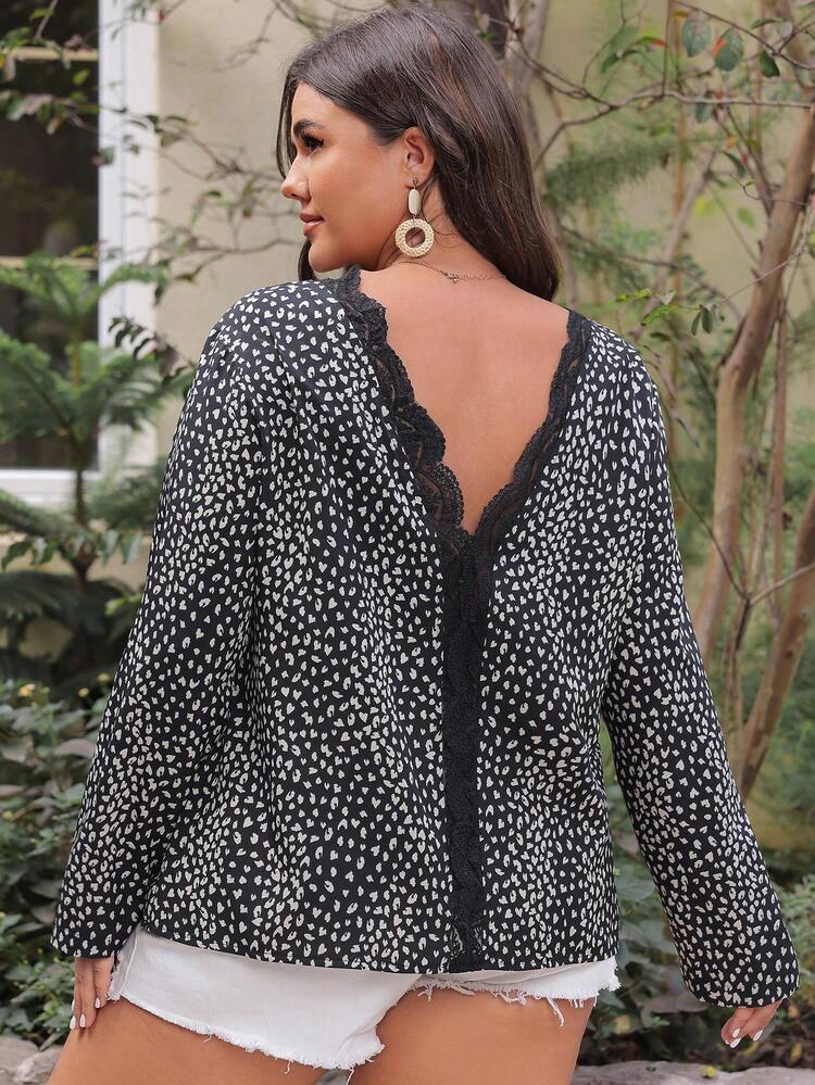 Women's Plus Size Lace Patchwork All-over Printed Casual Shirt