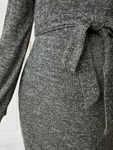 SHEIN 孕婦圓領純色針織裙配皮帶 - 綠色 - 查看 4