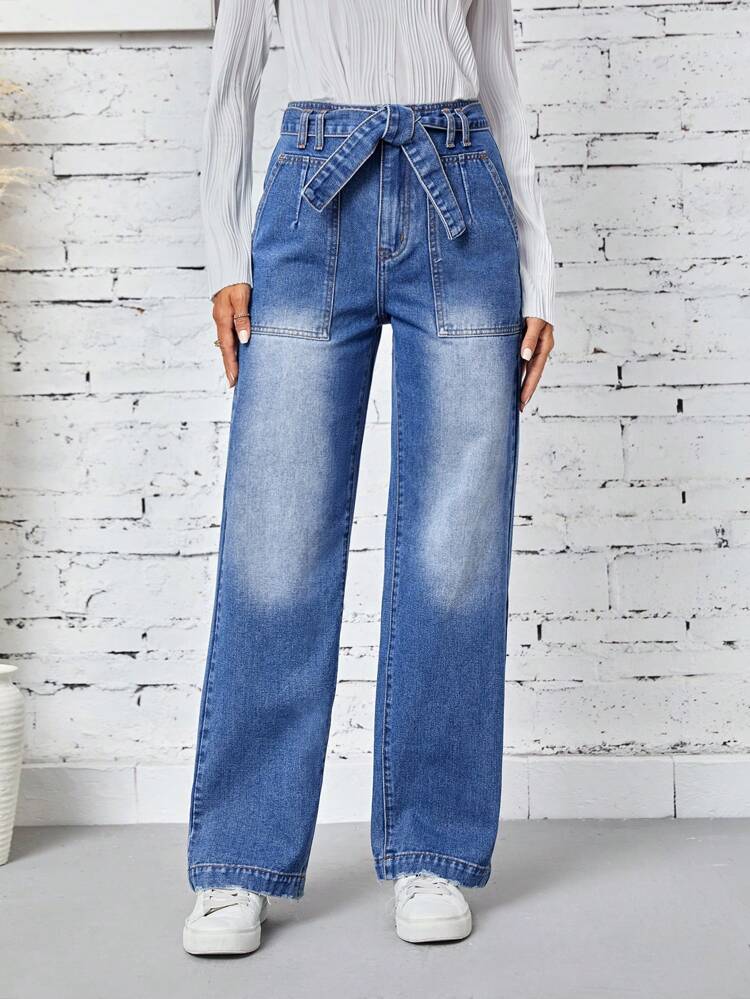 Women's High Waist Belted Pockets Straight-leg Jeans