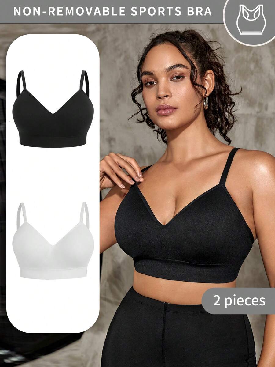 Easithlete Plus 2pcs Solid Adjustable Strap Sports Bra - Multicolor - View 1