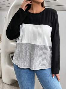 SHEIN Essnce Kích thước lớn Của phụ nữ Màu sắc Chặn Vòng cổ Tay áo dài Áo thun - Nhiều màu - Xem 1