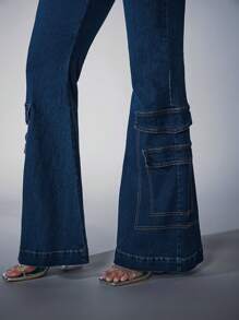 Denimoi 休闲翻盖口袋喇叭腿工装牛仔裤 - 深色水洗藍 - 查看 5