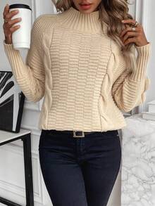 SHEIN LUNE Raglan Sleeves Cable Knit Sweater - Apricot - View 4