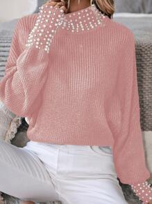 SHEIN Privé Của phụ nữ Trân châu Đồ trang trí Đứng cổ áo Áo len - Bụi hồng - Xem 1