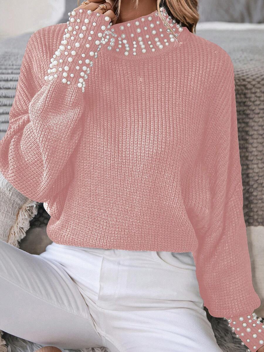 SHEIN Privé Của phụ nữ Trân châu Đồ trang trí Đứng cổ áo Áo len - Bụi hồng - Xem 1