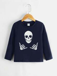 SHEIN 幼兒男童休閒長袖骷髏印花t恤