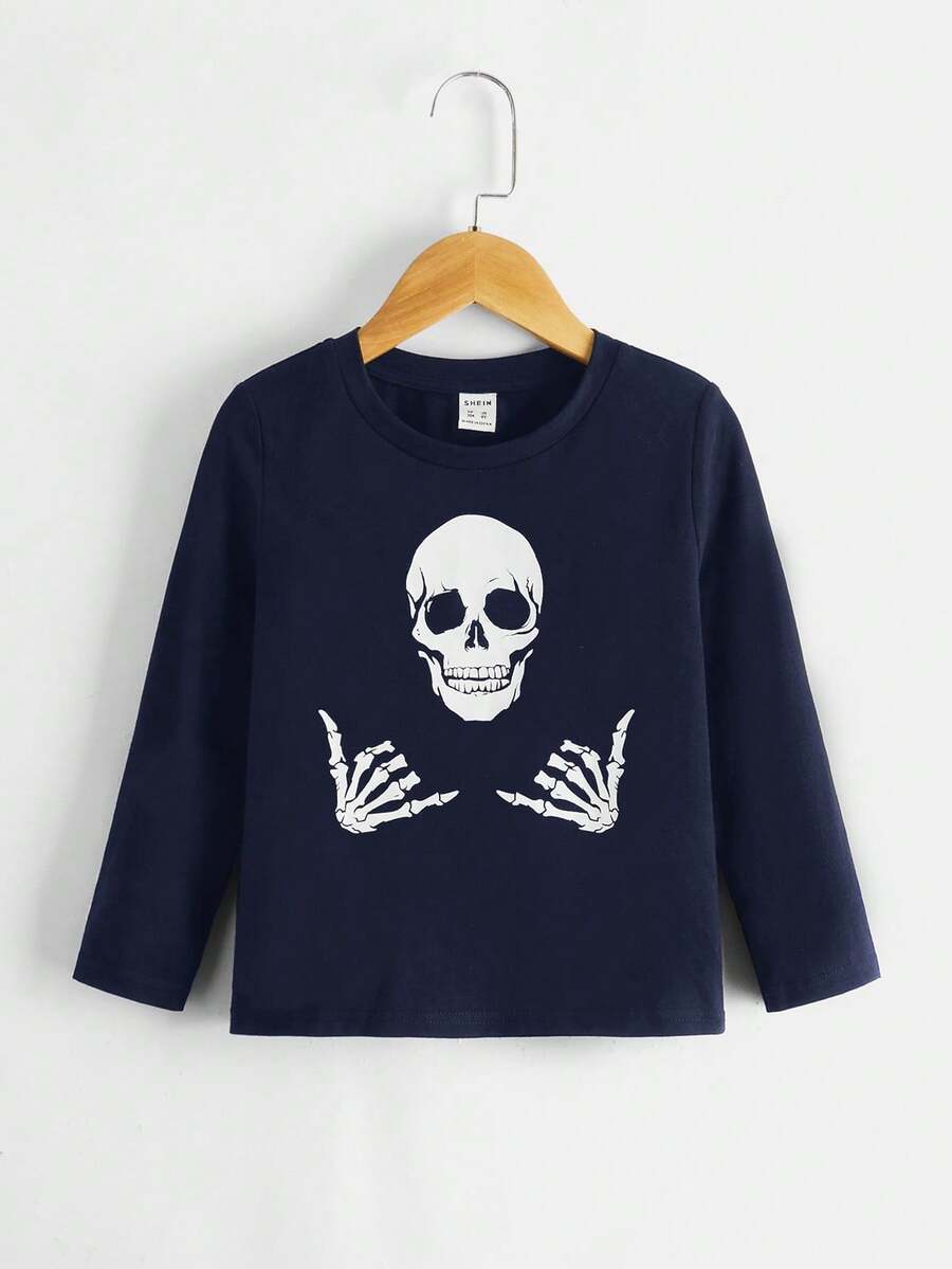 SHEIN 幼兒男童休閒長袖骷髏印花t恤