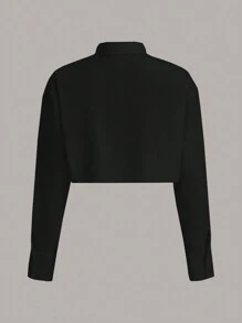 SHEIN EZwear Contrast Stitch Pocket Cropped Woven Shirt,Long Sleeve Tops - Black - View 2