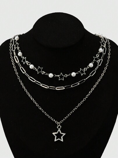 Grunge Punk 3-Layered Star Decorated Fashionable Versatile Necklace