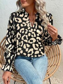 SHEIN LUNE All Over Print Notched Neck Flare Sleeve Blouse - Multicolor - View 5