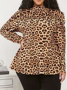 SHEIN CURVE+ 女式大尺碼豹紋立領 T 卹 - 彩色 - 查看 3