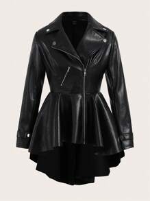 SHEIN CURVE+ Kích thước lớn Vòng cổ Da giả Áo khoác - màu đen - Xem 1